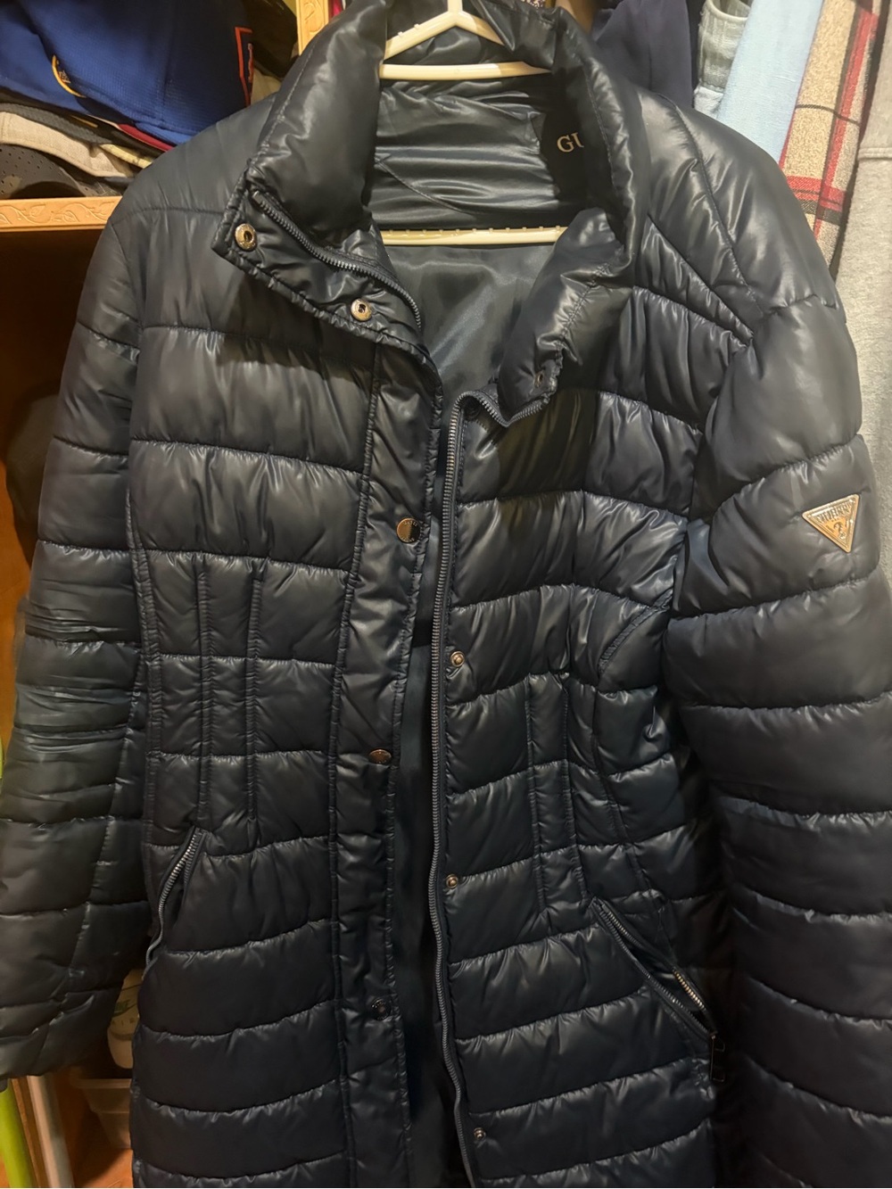 Guess Women's Navy Quilted Puffer Coat with hood vintage puffer long up to knees